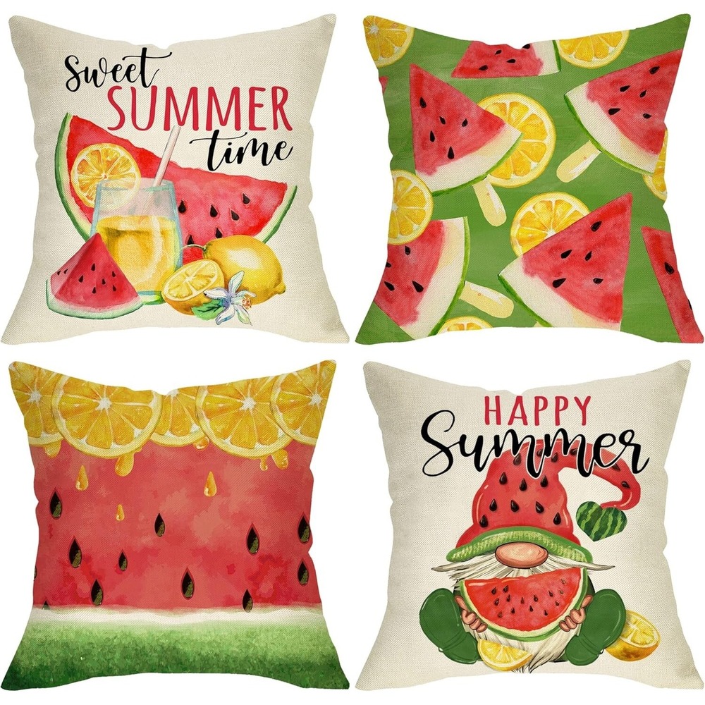 Summer Watermelon Gnome Throw Pillow Covers Set of 4 18x18 Cotton Linen